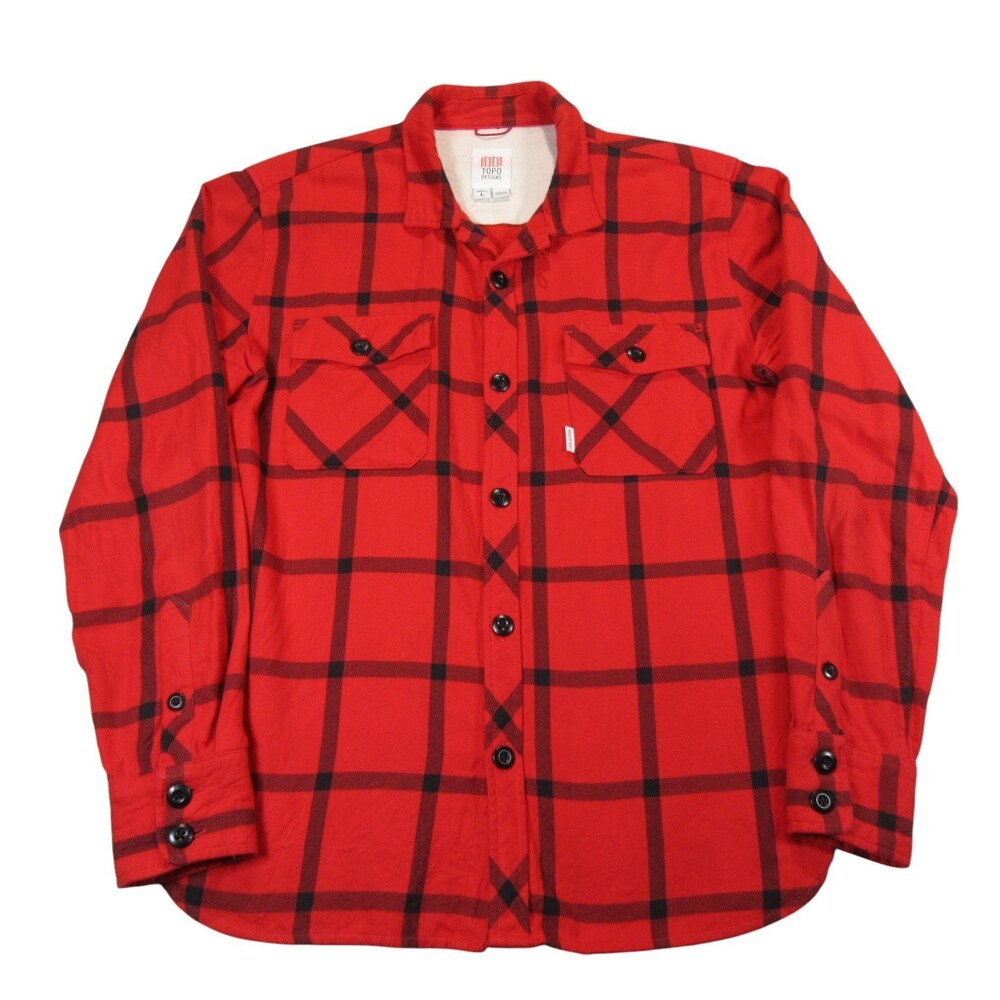 Topo Designs Mens Button Up Flannel Mountain Shirt L Red Plaid 100% Organic - Picture 2 of 10